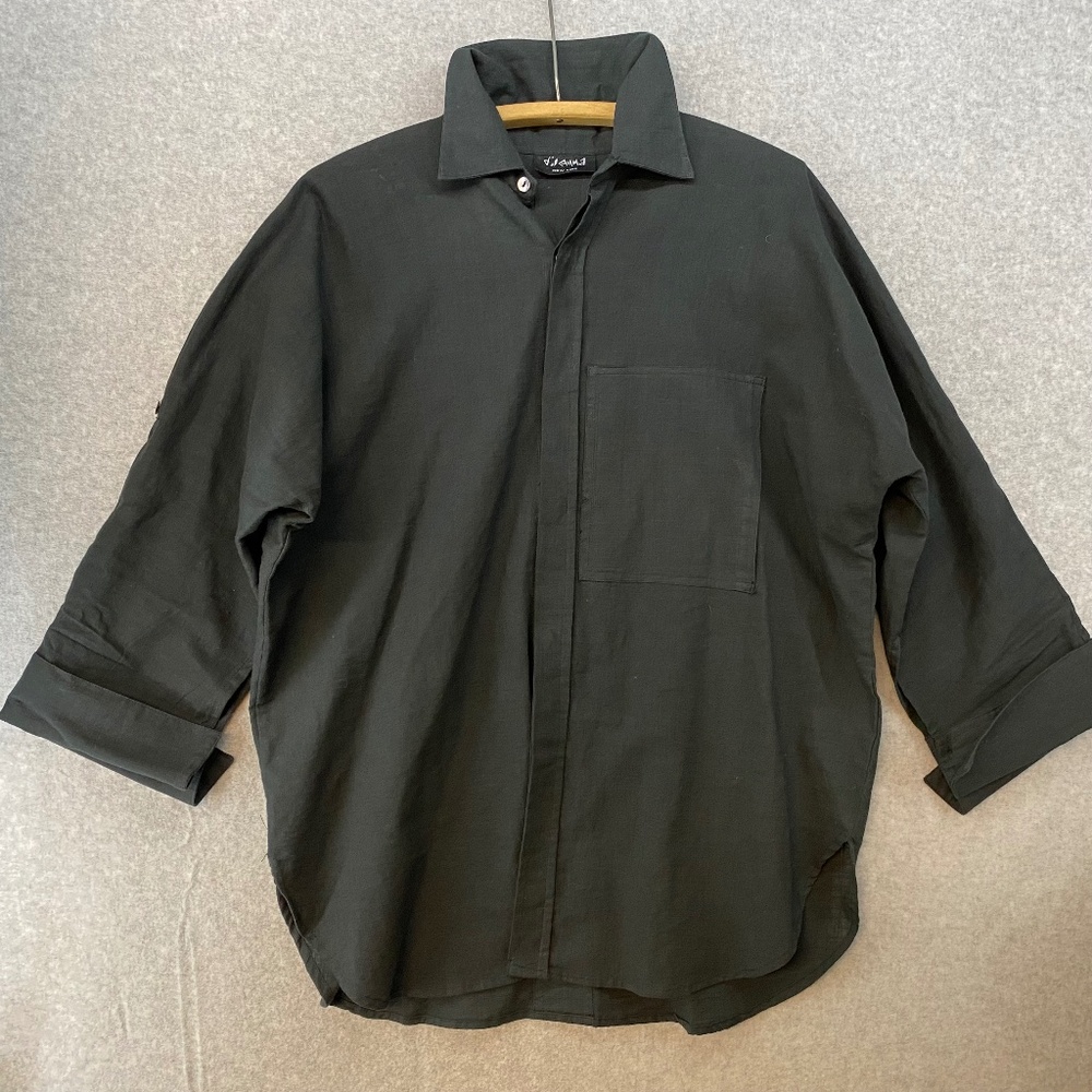 VIntage Dilemma New York Large Black Cotton Button Up Roll Tab Sleeves 54" Chest